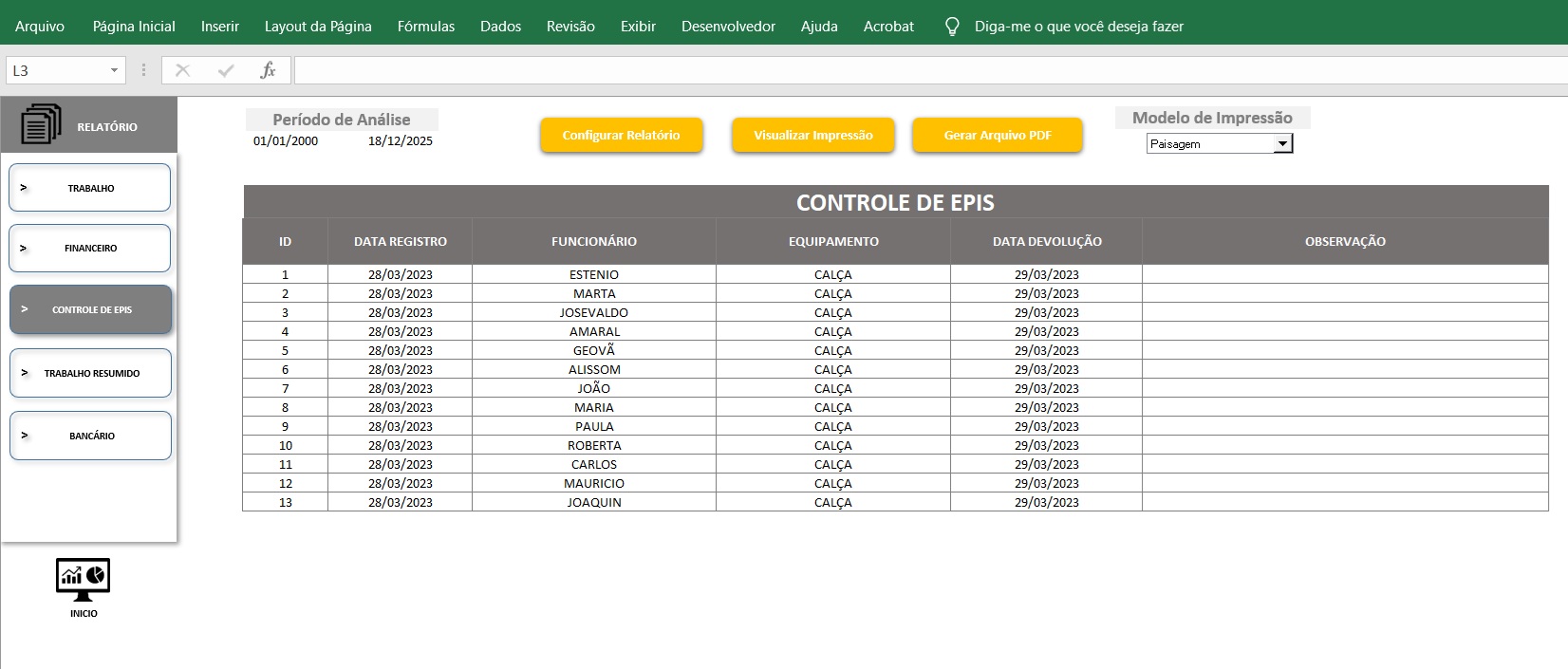 Planilha Controle de Obras com Jornada de Trabalho e EPI 13 relatorio de controle de equipamentos de segurança EPI da obras