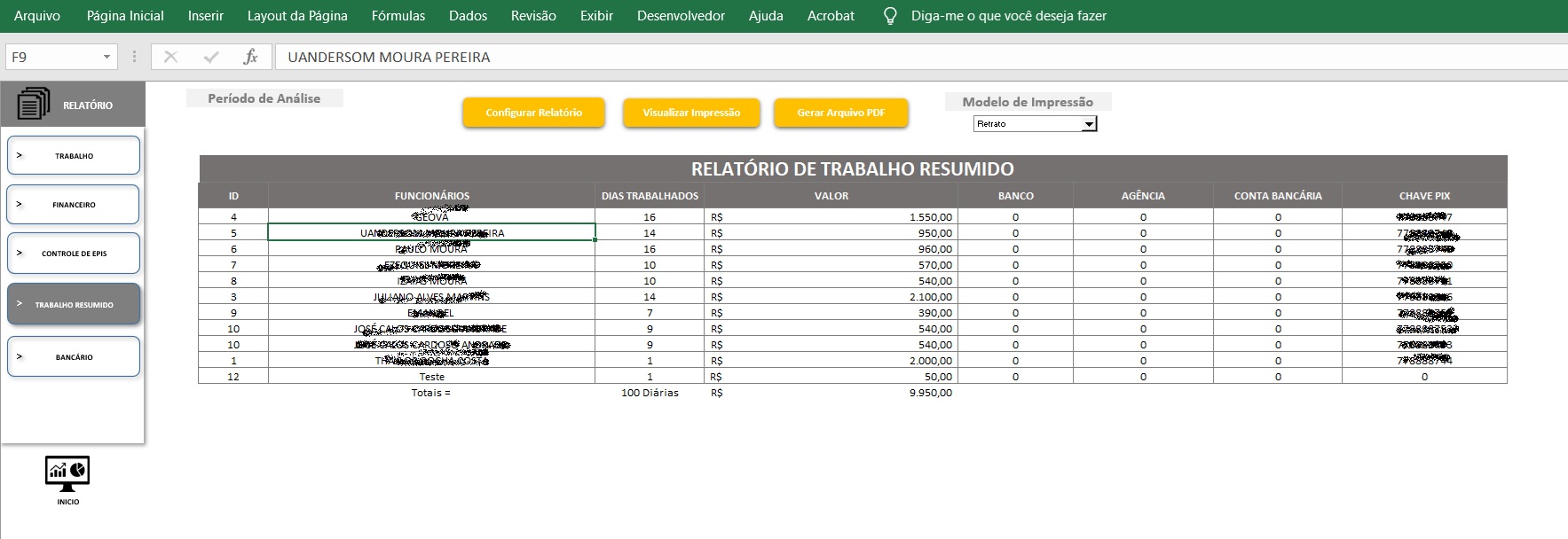 Planilha Controle de Obras com Jornada de Trabalho e EPI 14 relatorio financeiro de funcionarios da obras