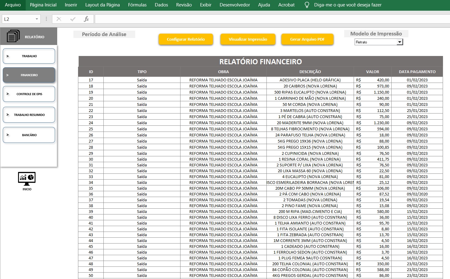 Planilha Controle de Obras com Jornada de Trabalho e EPI 12 relatorio financeiro receitas e despesas da obras