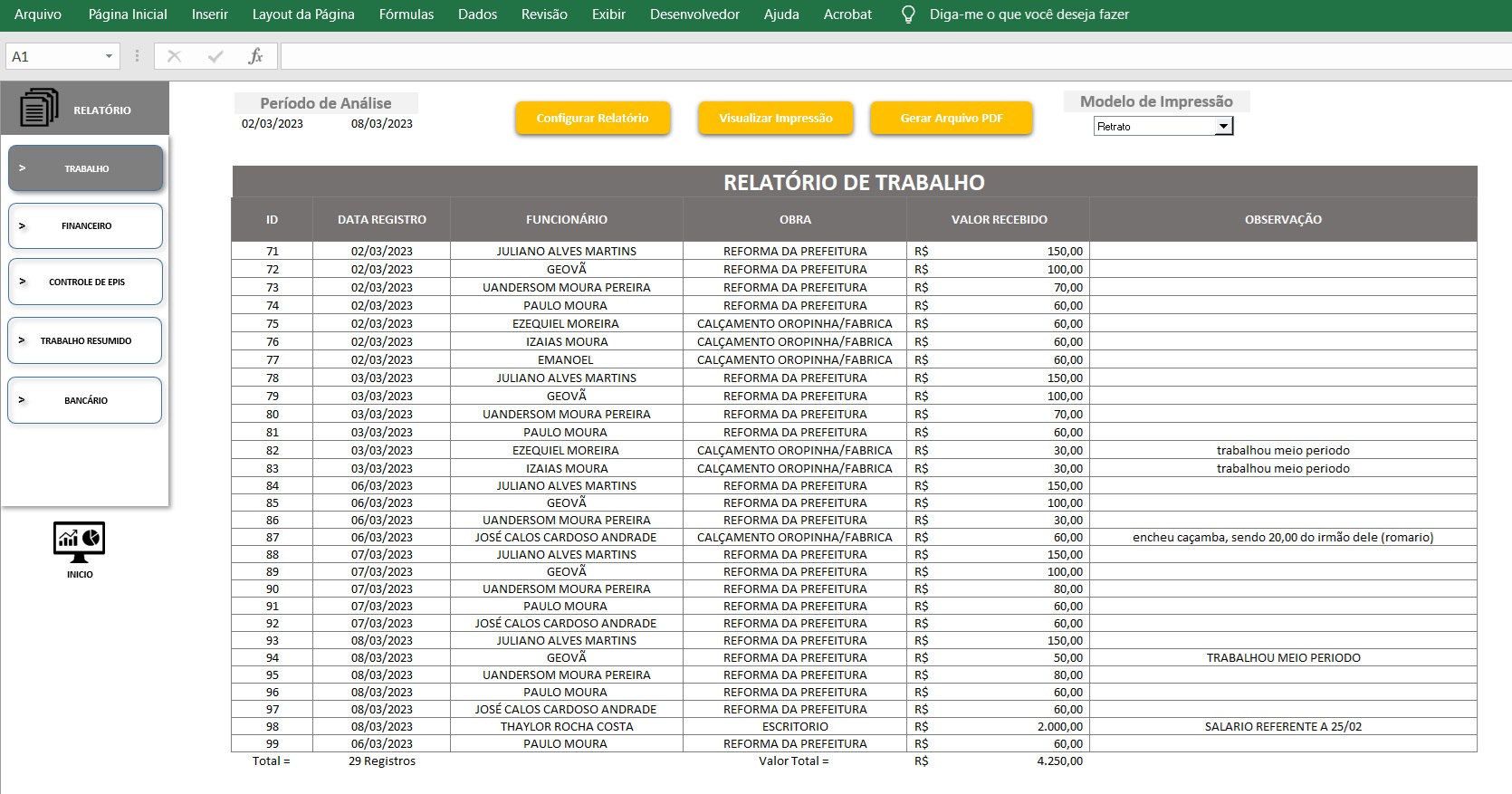 Planilha Controle de Obras com Jornada de Trabalho e EPI 11 relatorio jornada de trabalho de obras