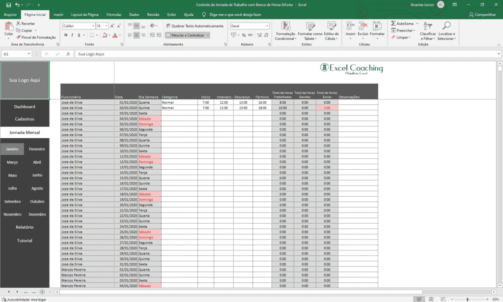 Planilha Controle De Horas Extras Com Banco De Horas 6 0 Planilhas