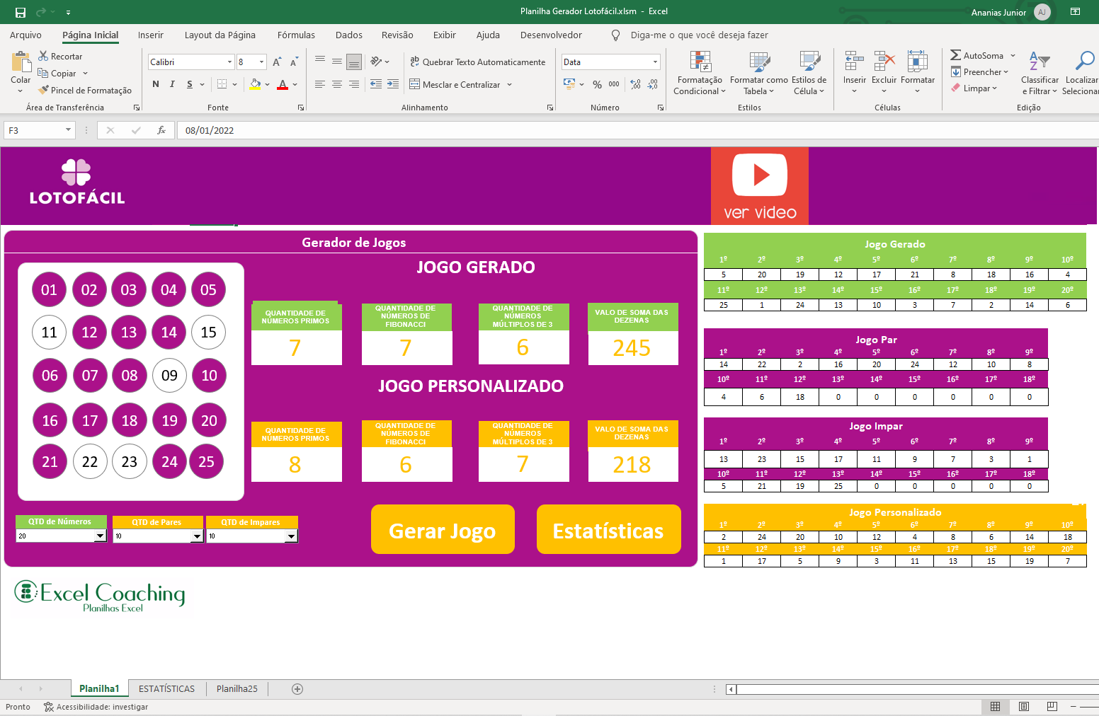 Página dedicada a resultados e estudo da loto fácil, downloads de esquemas  em excel…