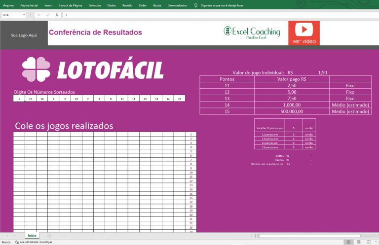 Planilha Lotofácil Conferência de Jogos Planilhas Excel ExcelCoaching